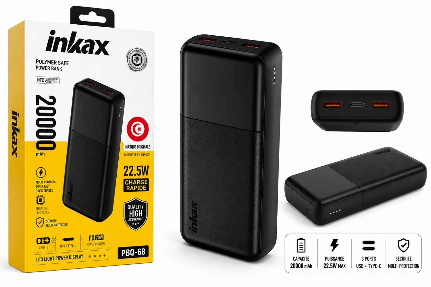 Pack Power Bank Inkax 20000mAh 22.5W + Écouteurs E67 + Anti-Casse Nano Offerts